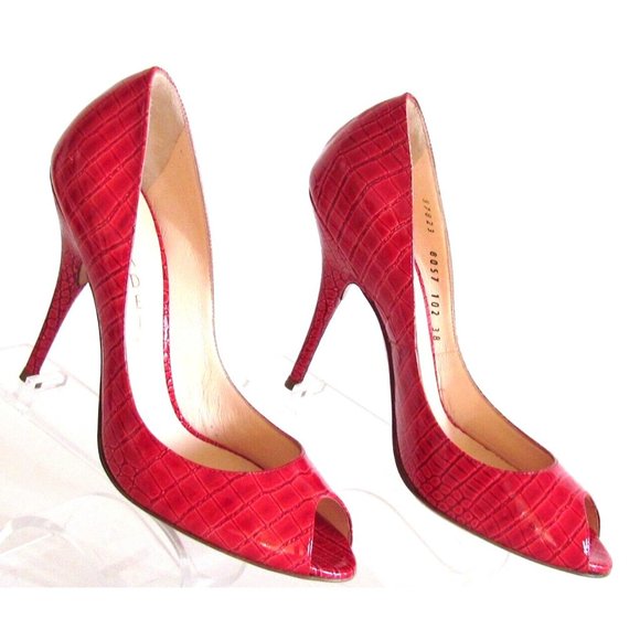 Casadei Red Embossed Patent Leather Peep Toe Stiletto Heel Designer Pumps 8.M